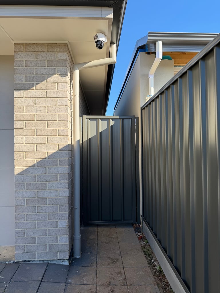 Narrow side passage between two houses with metal gates and brick walls under blue sky