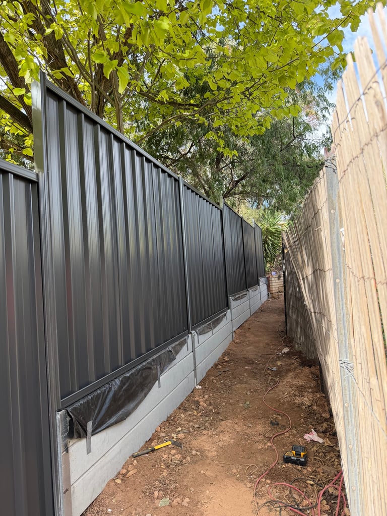Narrow alleyway between metal corrugated fencing and wooden fence with green trees overhead and dirt ground